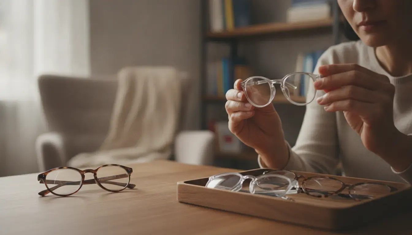 Adult comparing a replacement pair of glasses with an older damaged pair