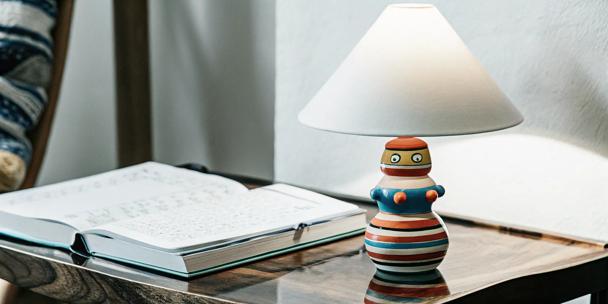 Colorful sculptural lamp with a geometric ceramic shade on a modern wooden side table