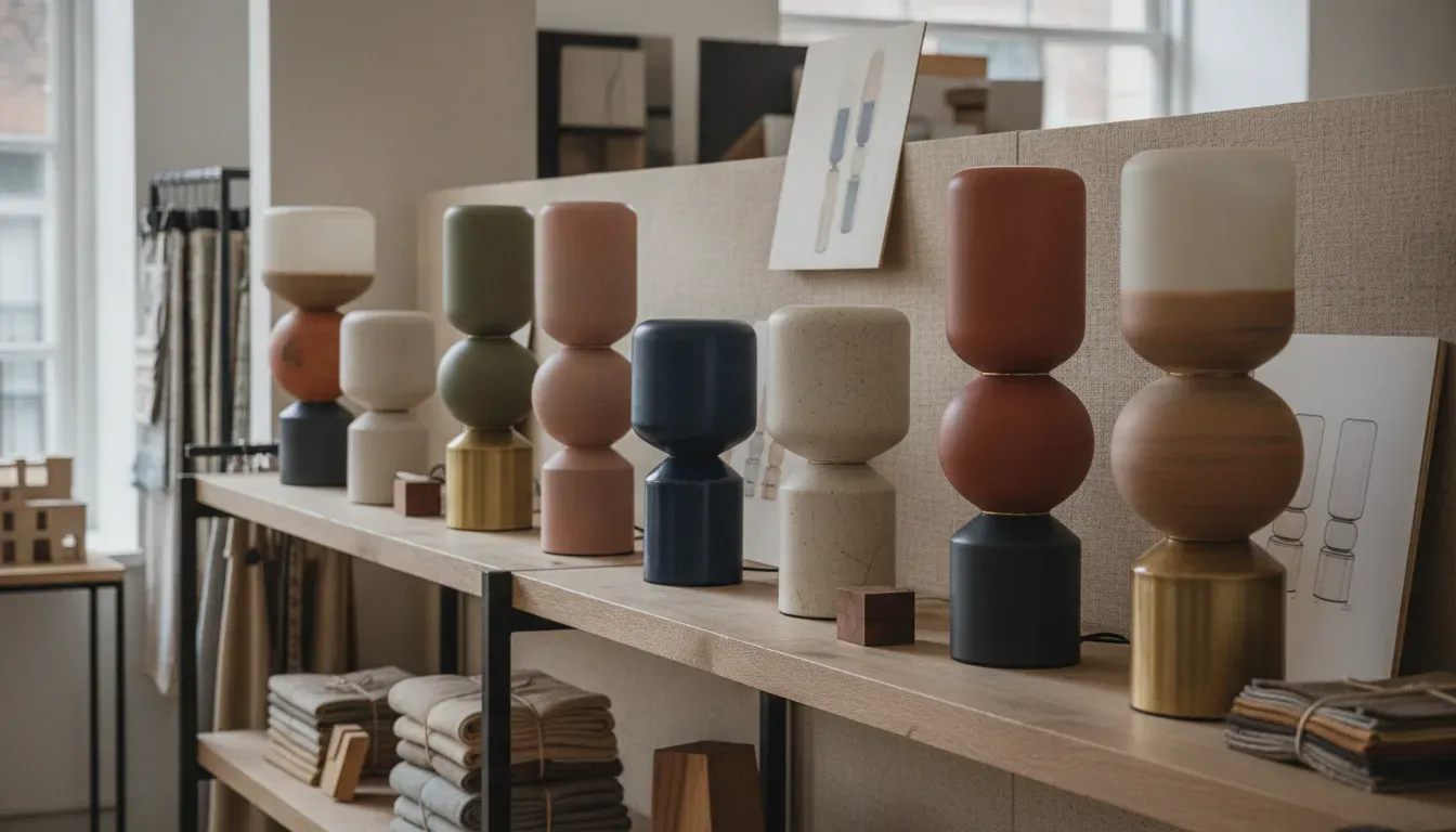 Wholesale ceramic lamps for interior design showrooms arranged on a display shelf
