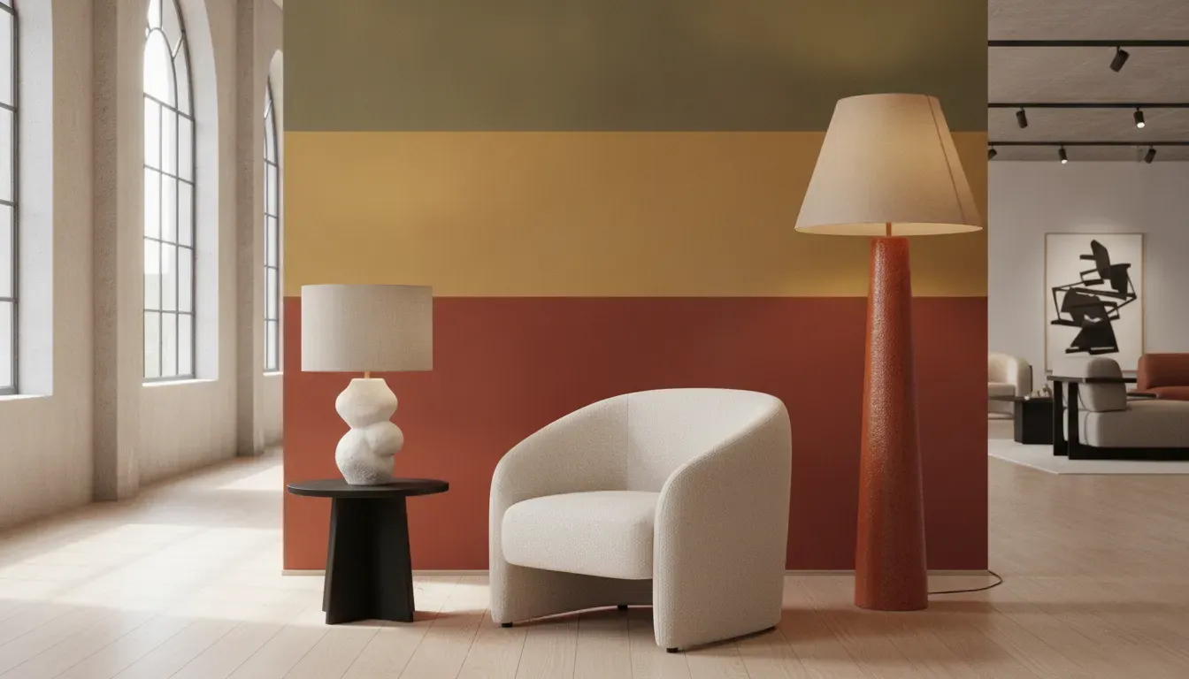 Ceramic table lamp and floor lamp displayed together in an interior design showroom vignette