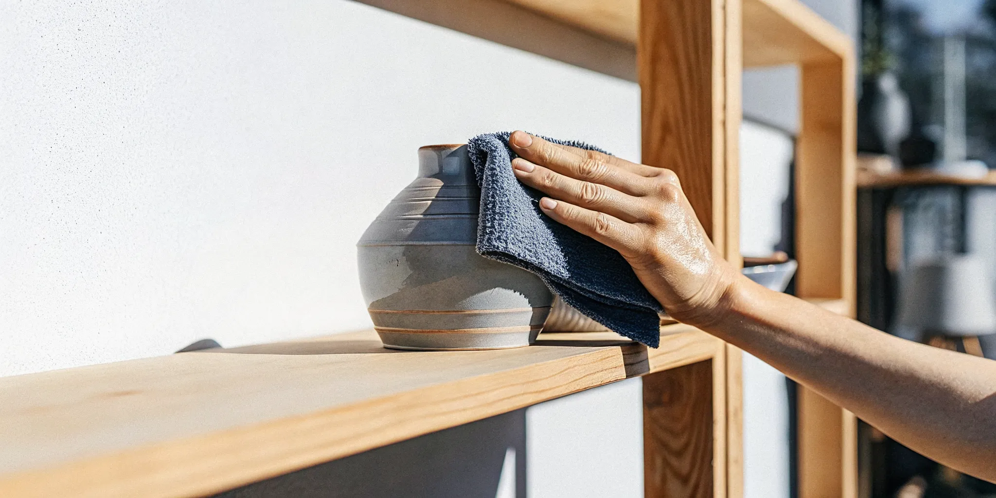 Hand gently dusting a glazed ceramic decor object on a shelf