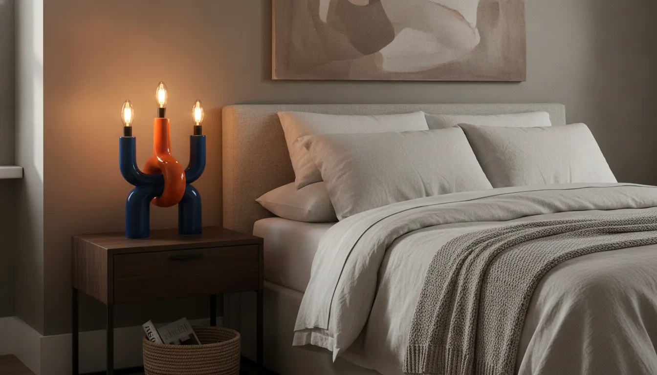 Color-blocked ceramic candelabra bedside lamp in cobalt and tangerine on a nightstand