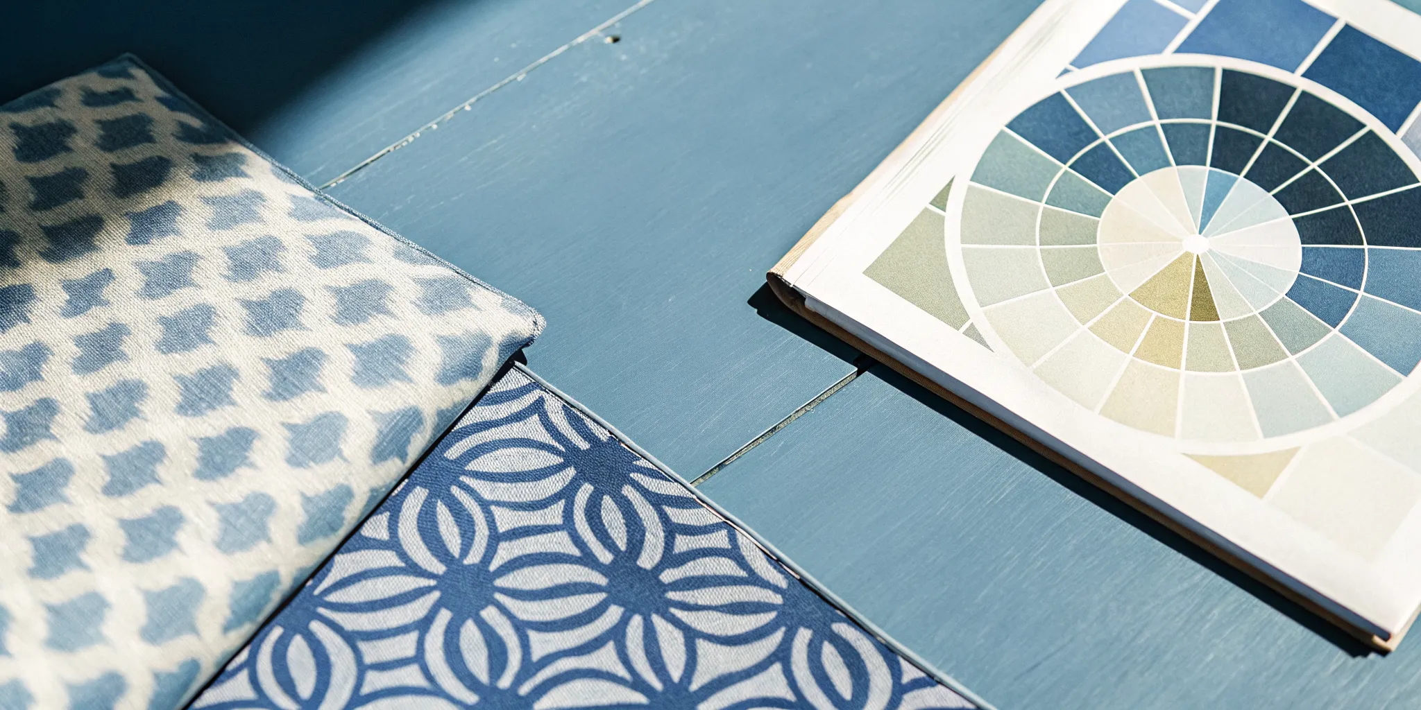 Flat lay of color swatches showing complementary and analogous color schemes for interior design planning