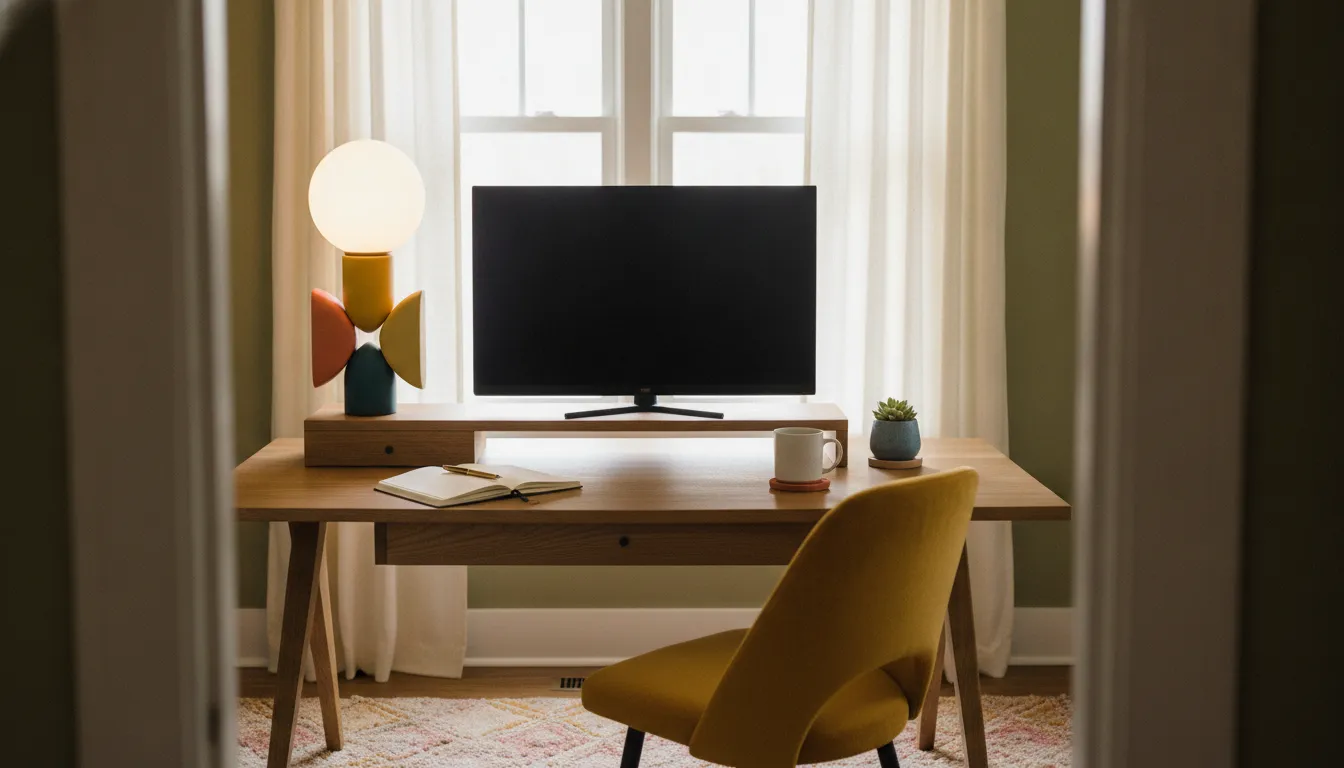Color-coordinated home office desk with a sculptural lamp as focal point