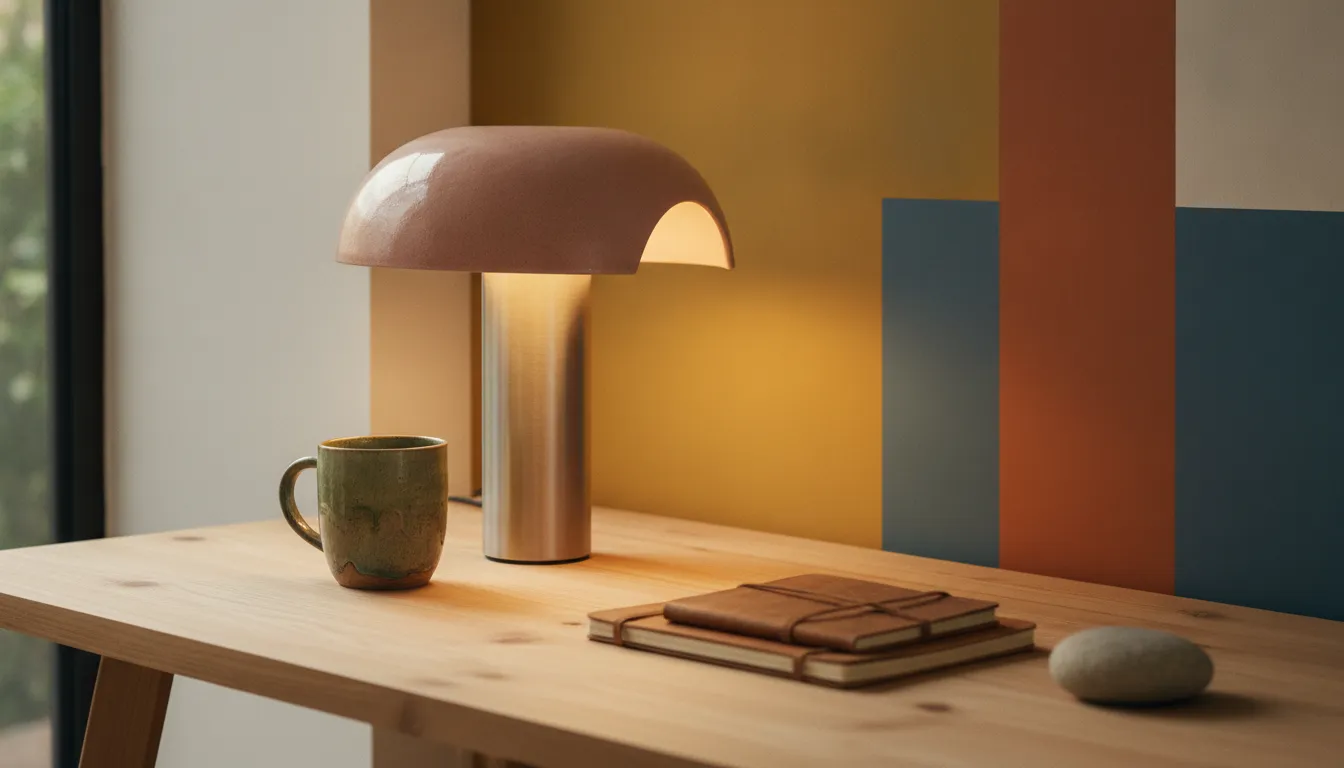 Angled detail of a ceramic shade and steel lamp body beside a colorful desk
