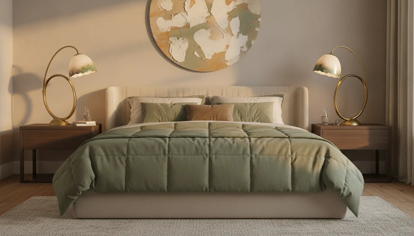Two cream and sage green candelabra bedside lamps flanking a bed
