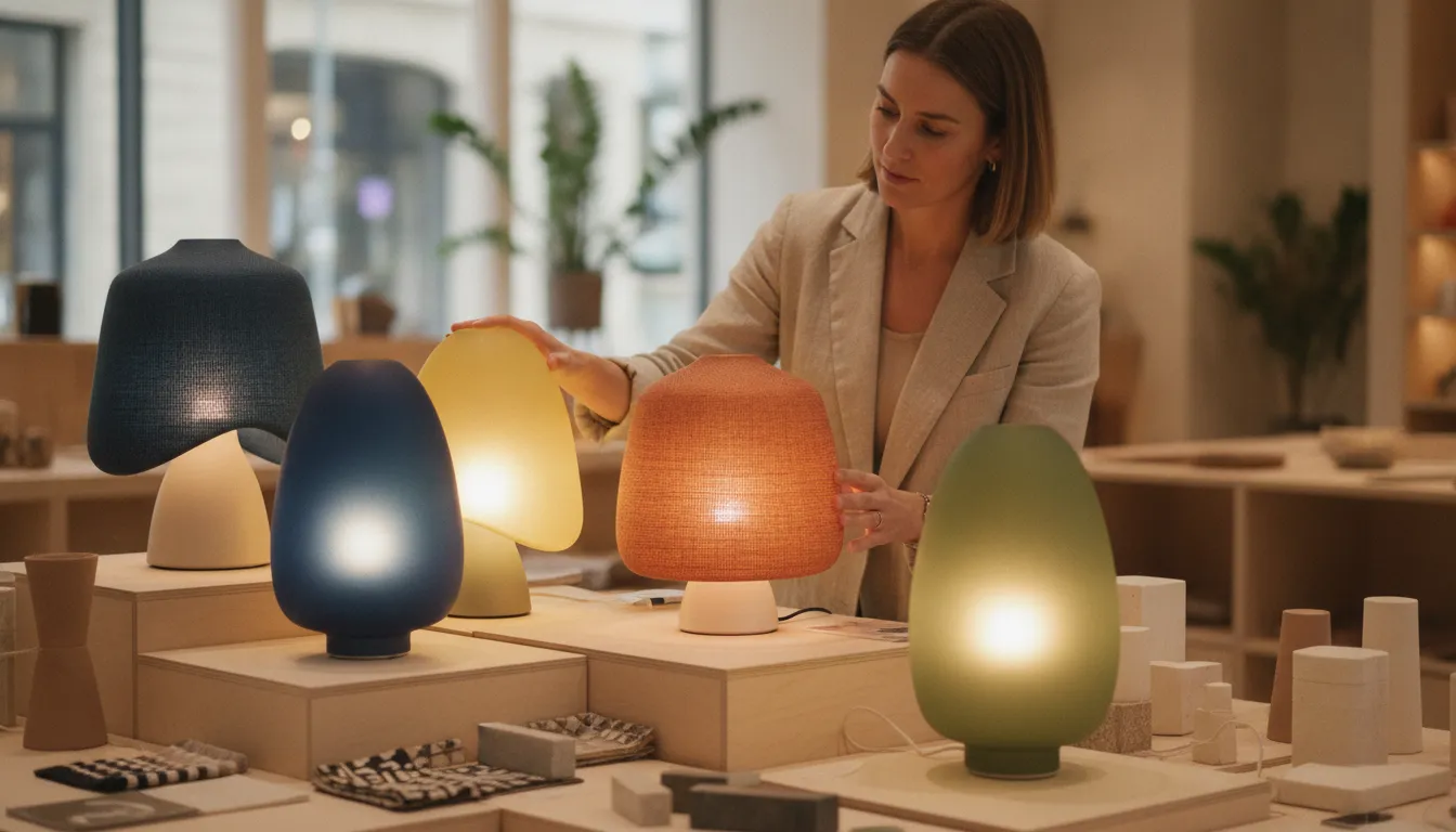 Retailer reviewing a sculptural lamp display in a modern boutique