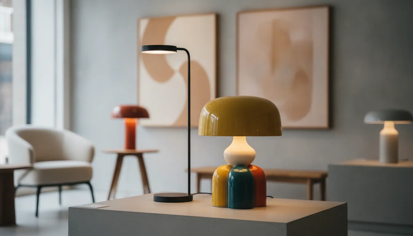 Colorful sculptural lamps arranged in a design showroom vignette