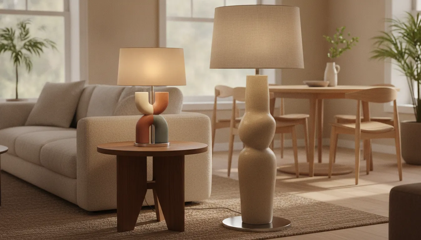 A color-blocked table lamp and a taller floor lamp paired in an open-plan living corner