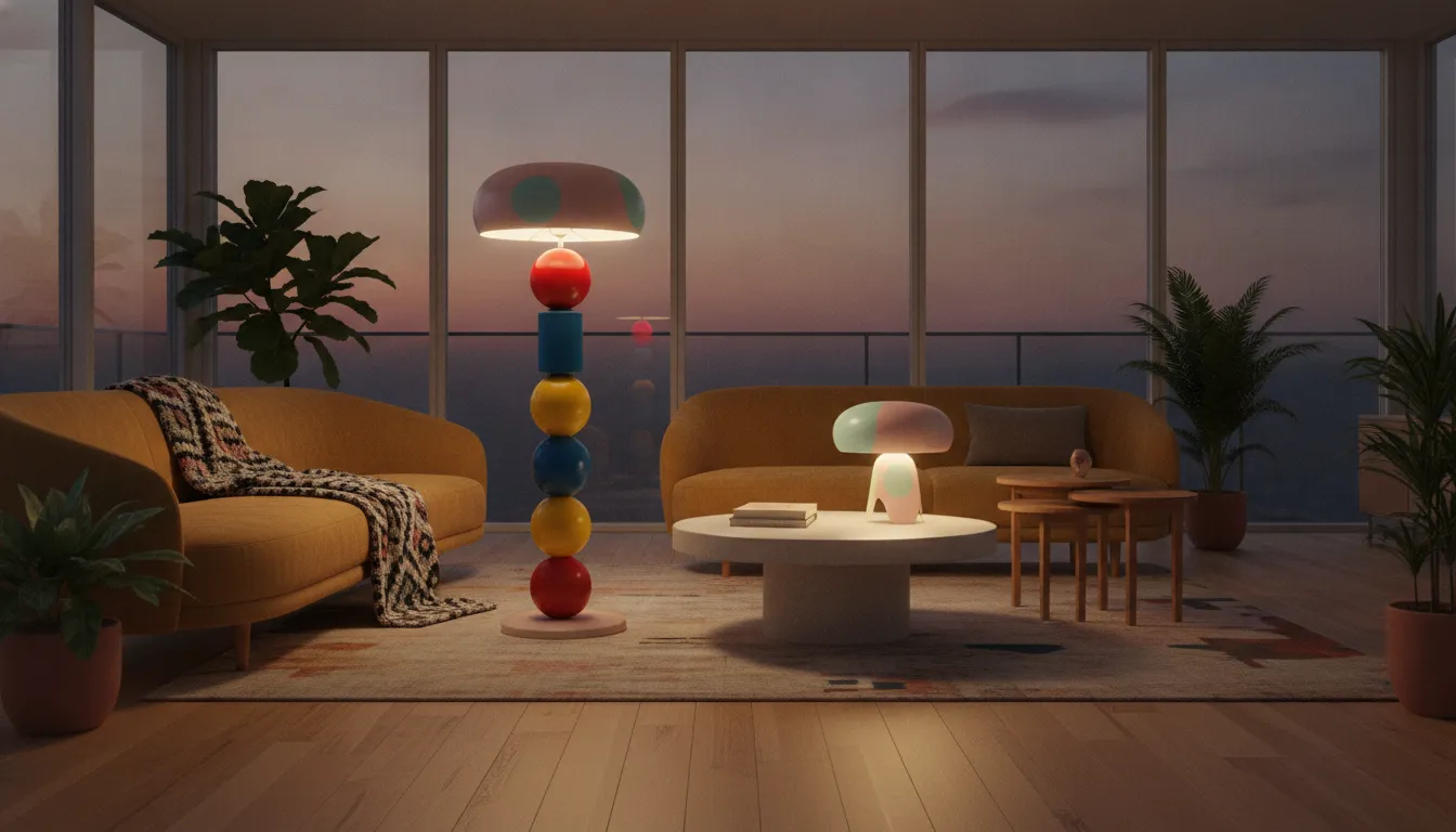 Bold sculptural Woaw floor lamp and table lamp together in a colorful open-plan living room