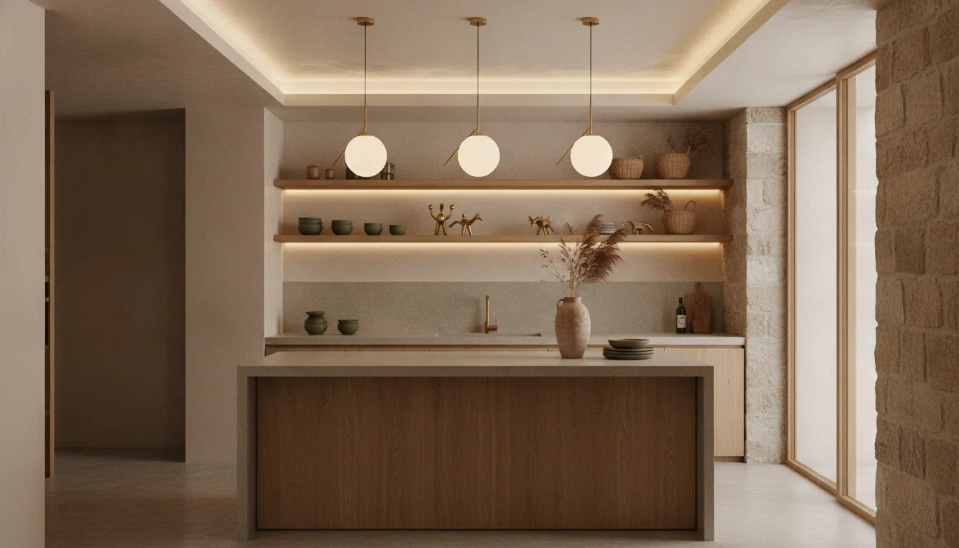 Pendant, ceiling, and under-cabinet lights working together over a kitchen island