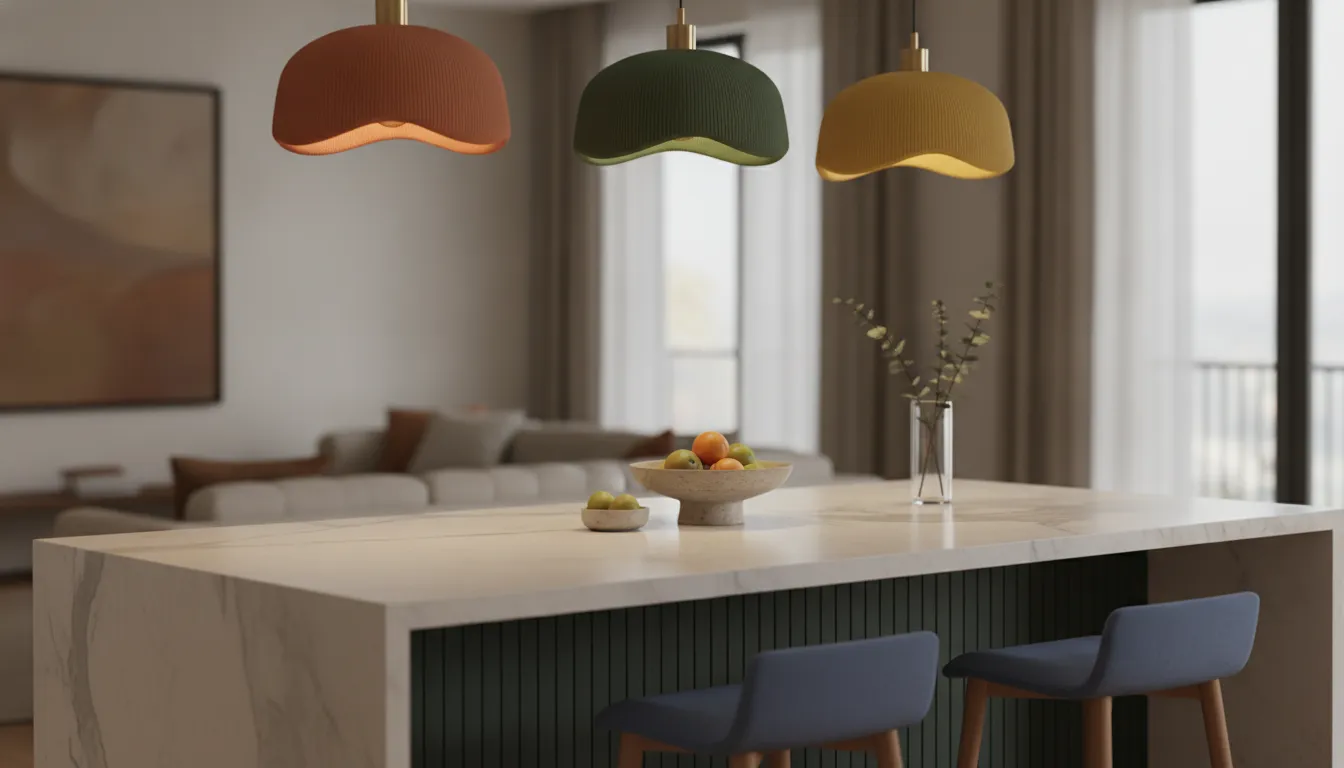 Sculptural pendant lights positioned above a kitchen island