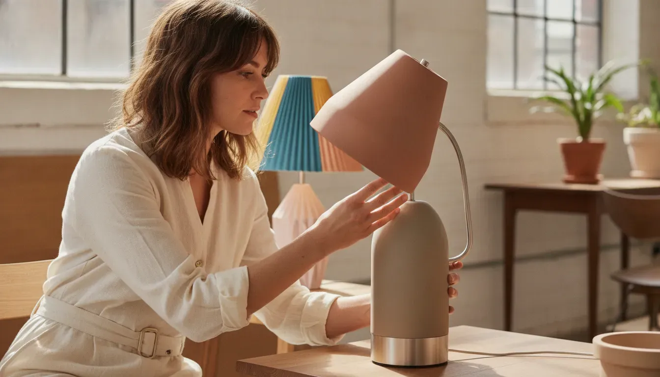 Interior designer assessing ceramic and steel lighting for a lighting trade account