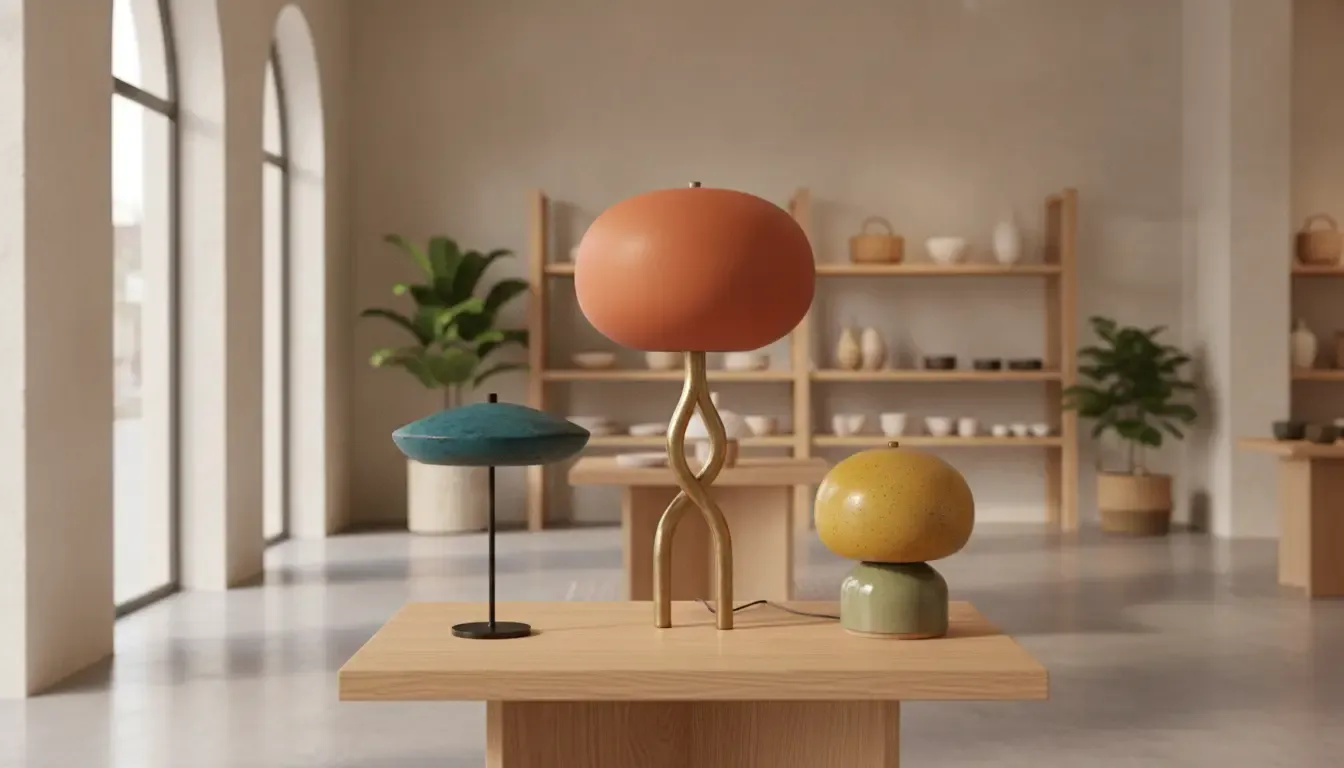 Three sculptural lamps arranged as a focused boutique retail display edit