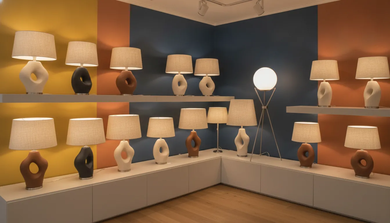 Sculptural ceramic lamps arranged for a boutique lighting showroom