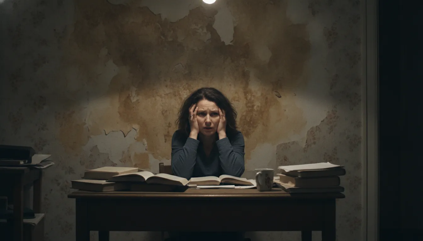 Woman sitting at a desk looking confused and forgetful, with visible water damage on the wall behind her