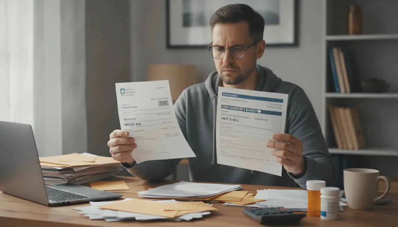 Person reviewing health insurance documents and bills at home desk