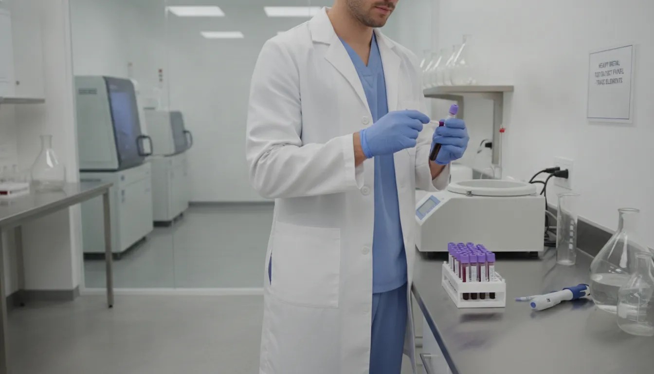Medical professional preparing a blood sample for heavy metal toxicity testing in a functional medicine clinic