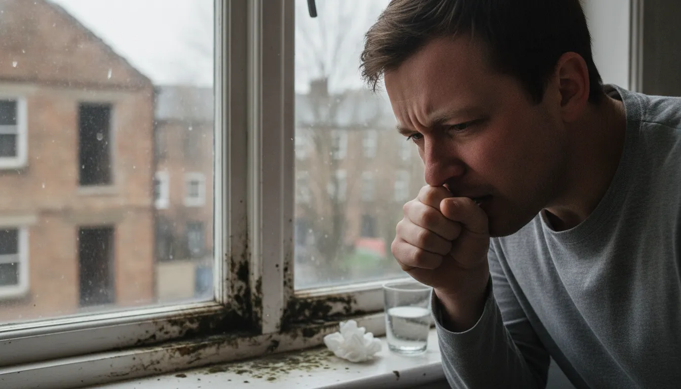 Person coughing near a window with visible mold growth on the windowsill