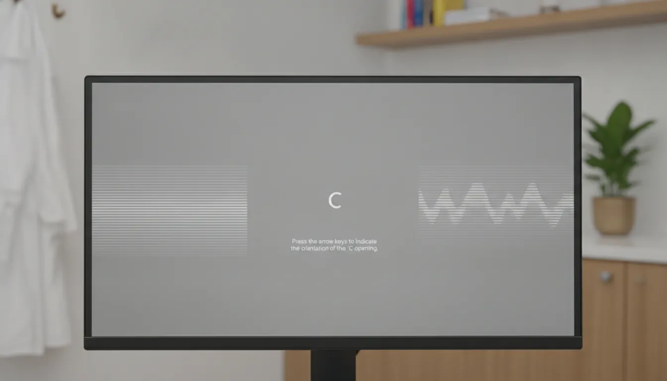 Close-up view of a VCS test pattern on a computer monitor showing gray sine-wave gratings used to measure contrast sensitivity