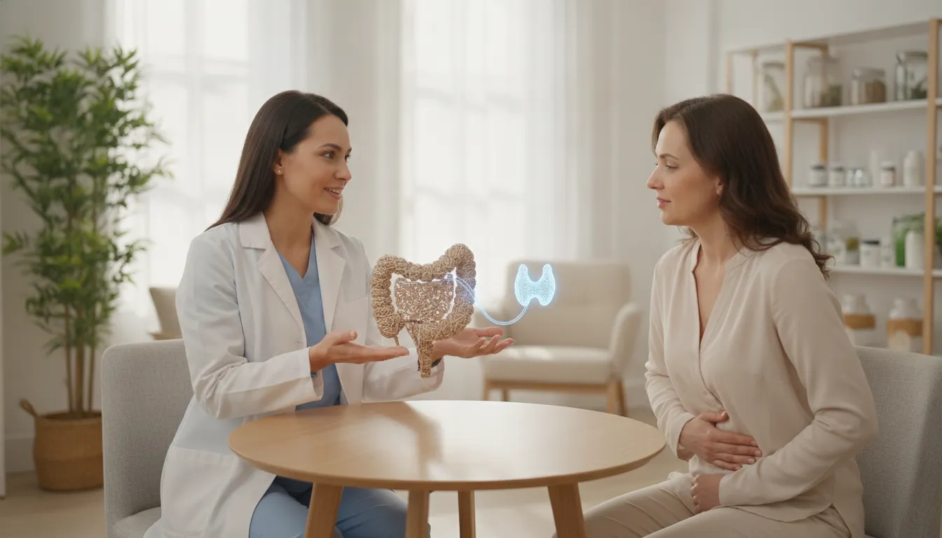 A functional medicine doctor explaining the connection between gut health and thyroid function to a patient in a bright clinic