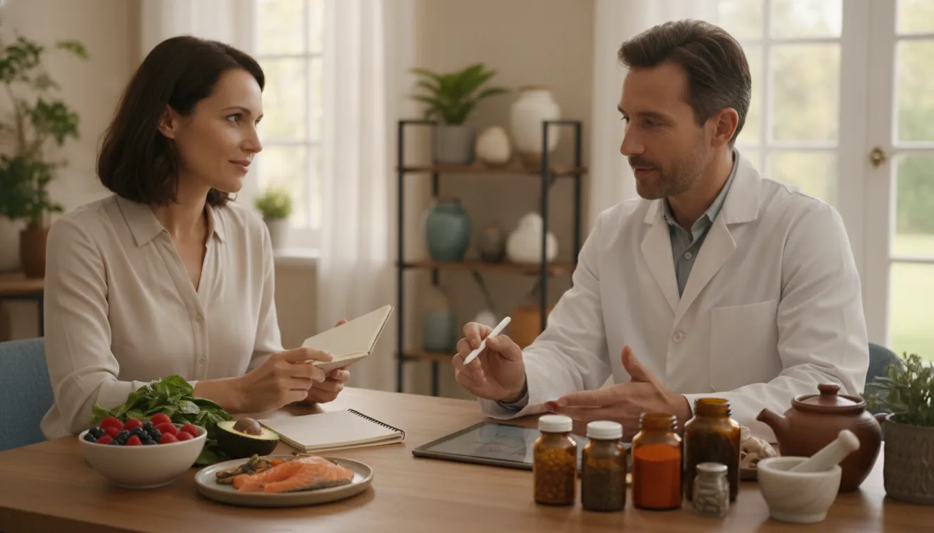 An adult patient reviewing a gut-health plan with a functional medicine doctor at a desk in a bright clinic