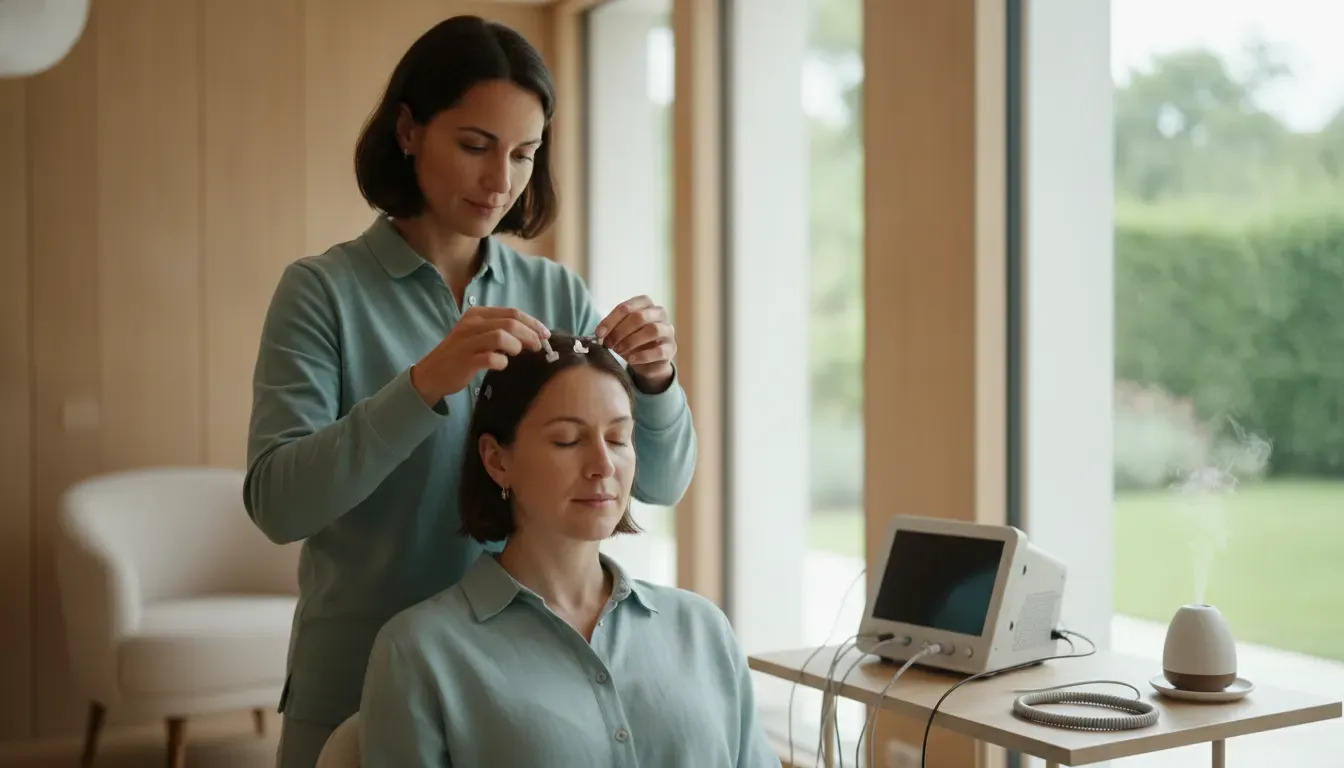 Clinician placing EEG sensors during a neurofeedback assessment