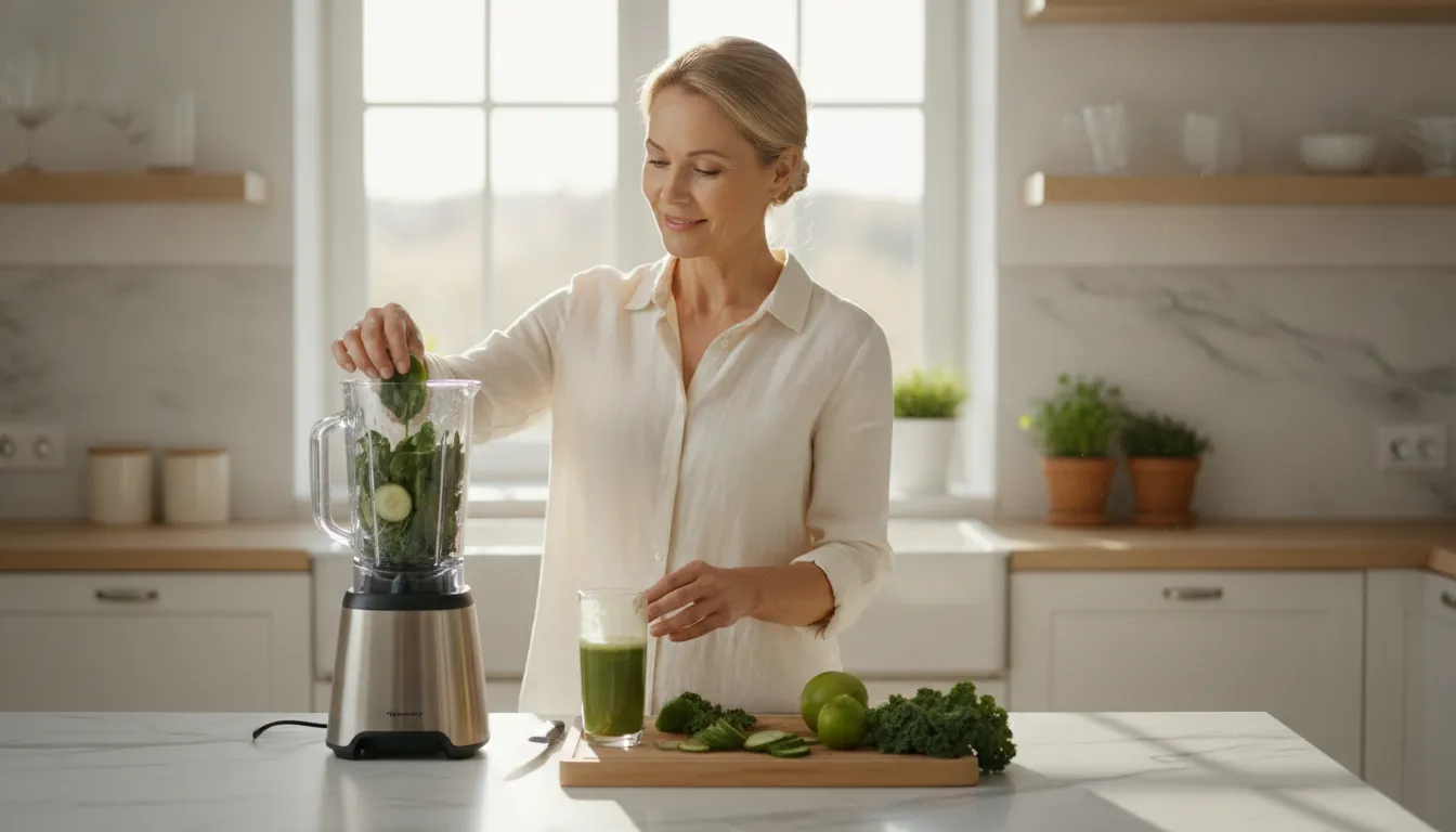 Woman preparing a fresh green smoothie with leafy vegetables in a bright modern kitchen, healthy gut recovery lifestyle