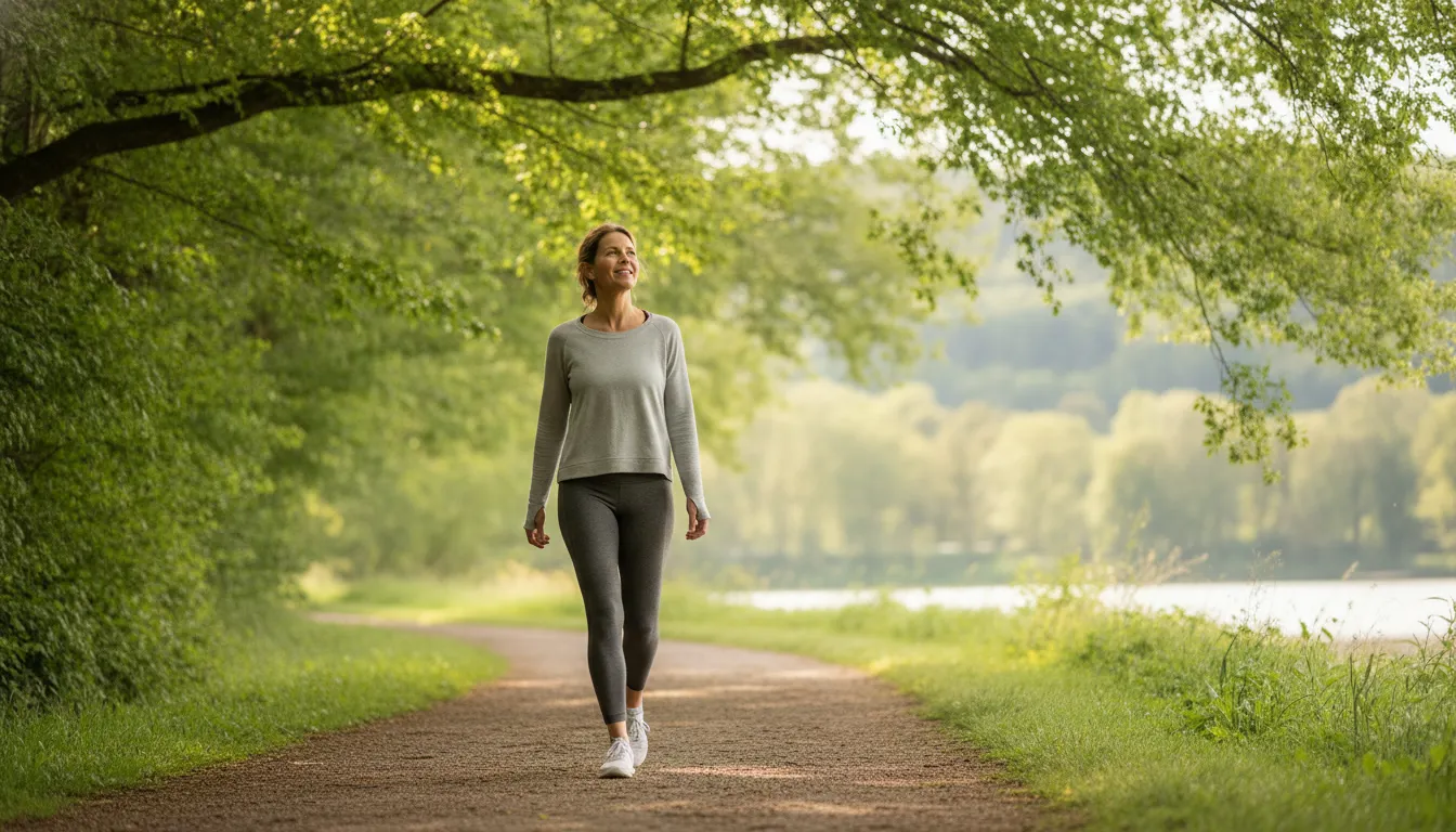 Woman walking outdoors as part of a perimenopause brain fog wellness routine