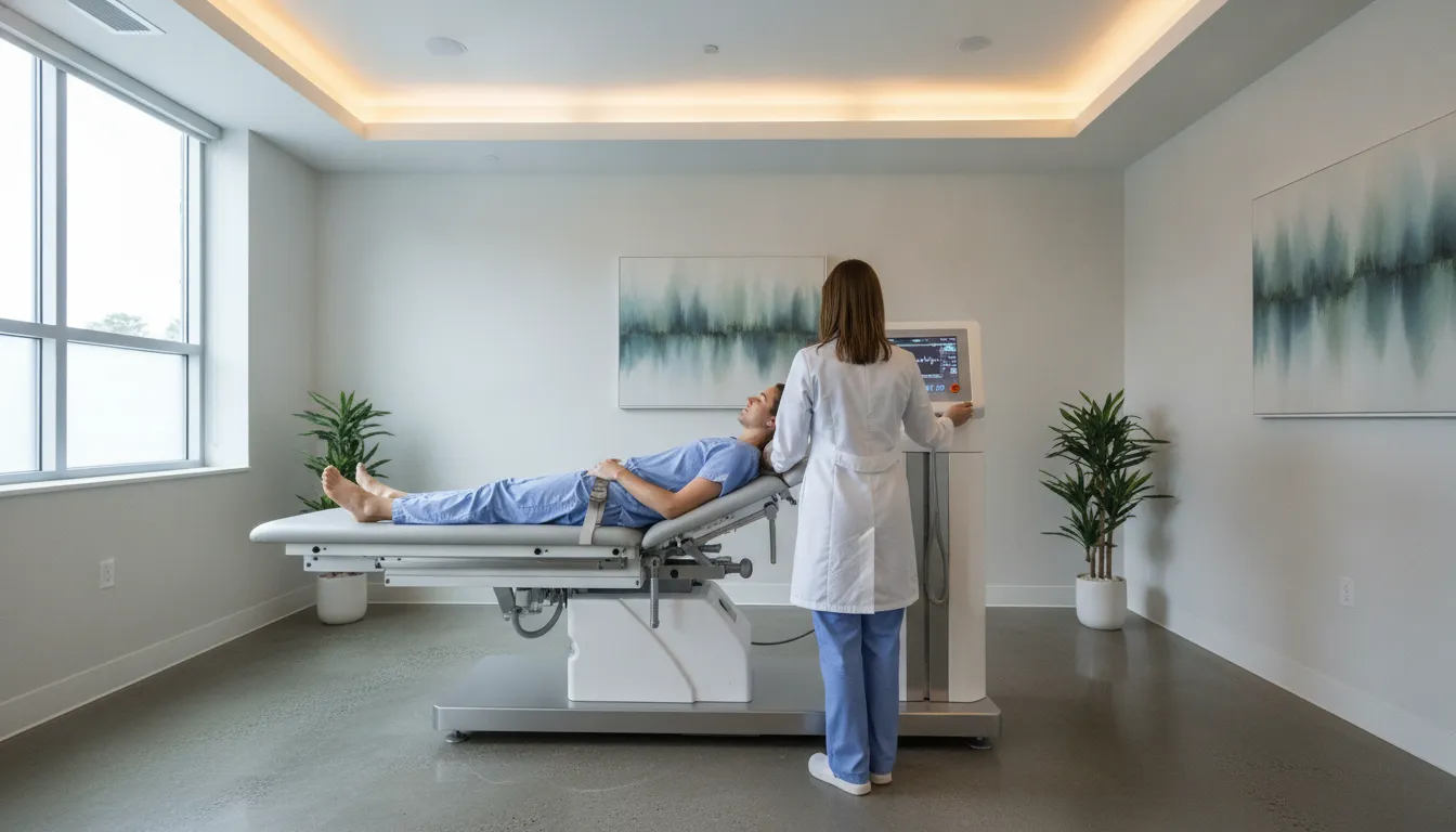 Patient receiving spinal decompression therapy on a computerized treatment table at a modern Atlanta clinic