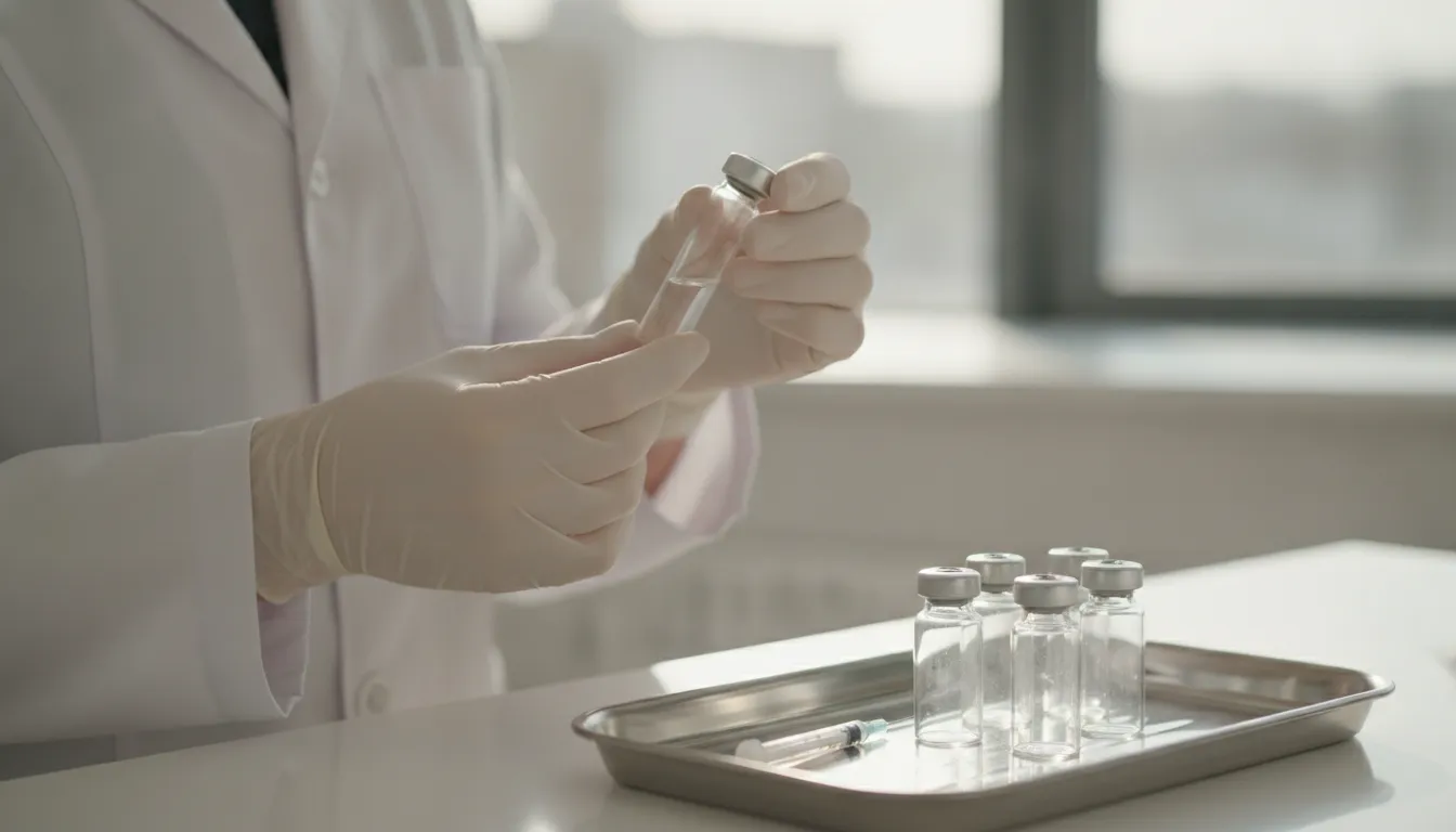 Medical professional handling a peptide therapy vial in an Atlanta clinic setting
