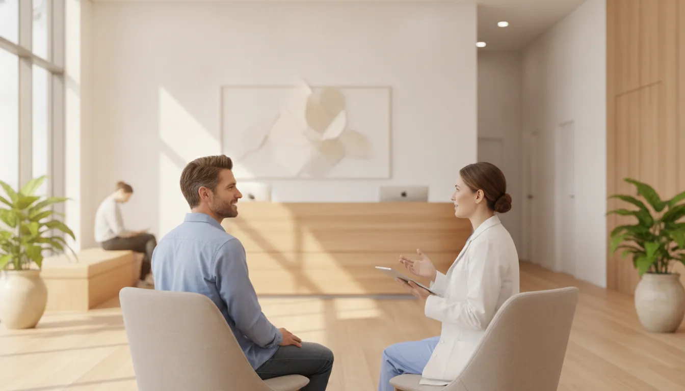 Adult patient talking with a medical professional about wellness care in a bright office