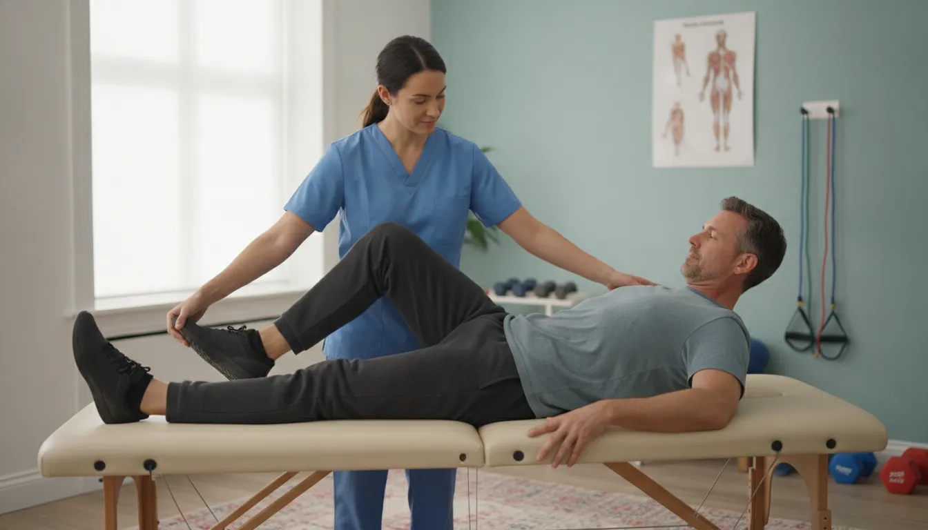 Therapist guiding an adult patient through a recovery exercise in a treatment room