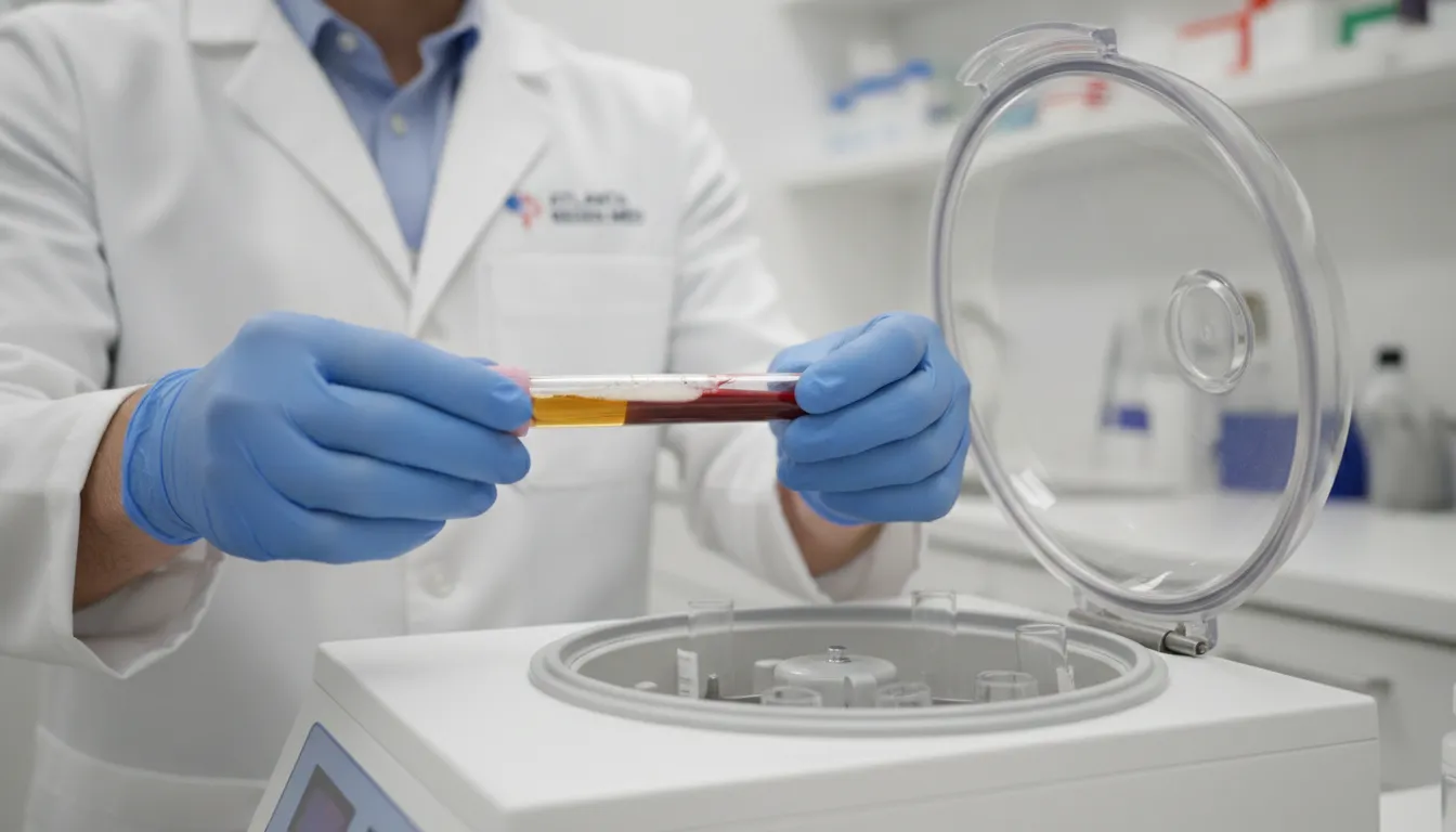 Medical professional preparing PRP therapy with centrifuge tubes in a clean clinical setting