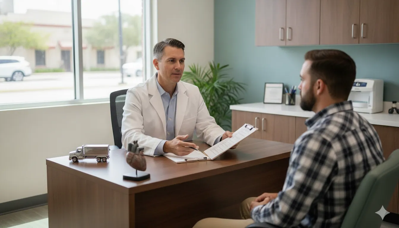Medical examiner reviewing a commercial driver health information during a Tampa DOT physical