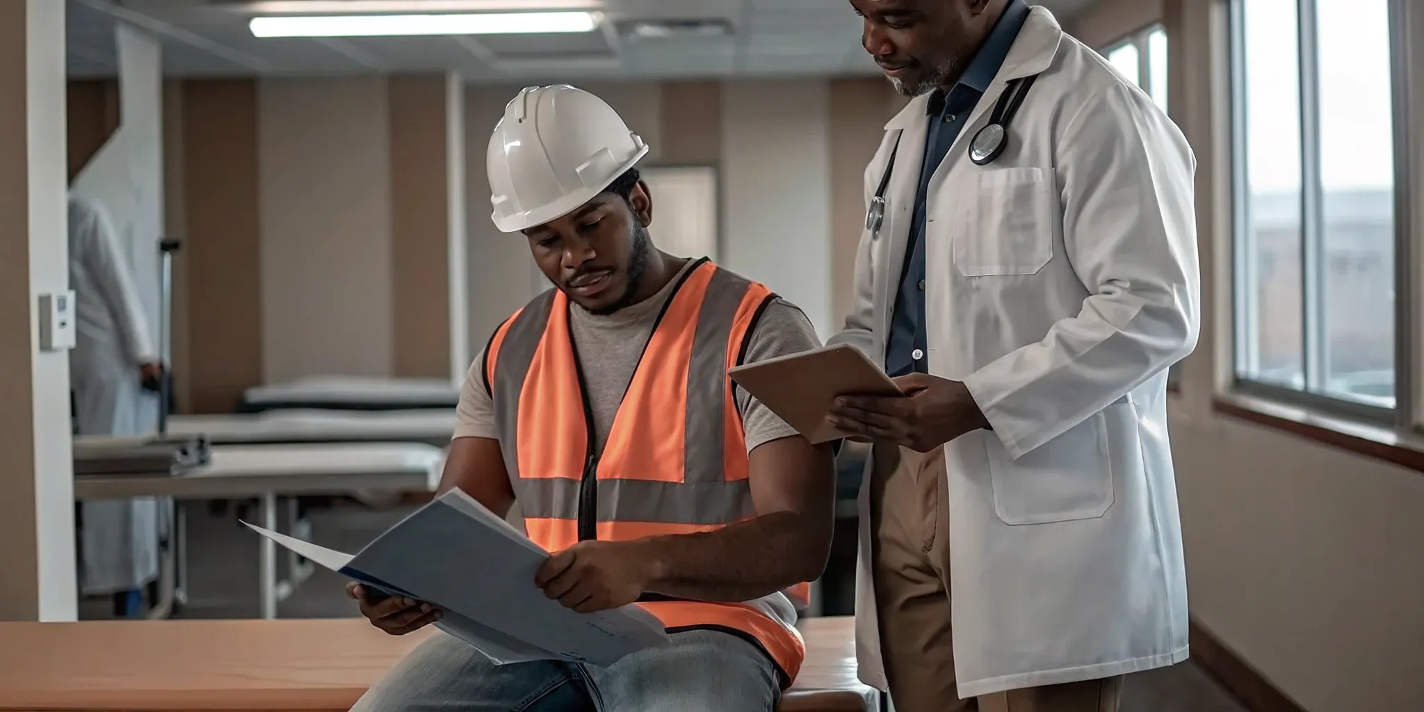 Construction worker in an orange safety vest sitting in a medical exam room speaking with a doctor during an occupational health physical