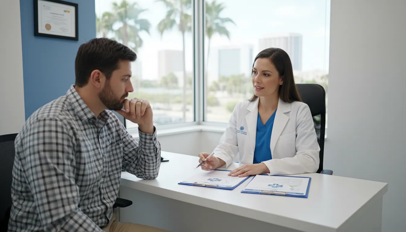 Clinician explaining DOT physical and drug testing differences to a commercial driver