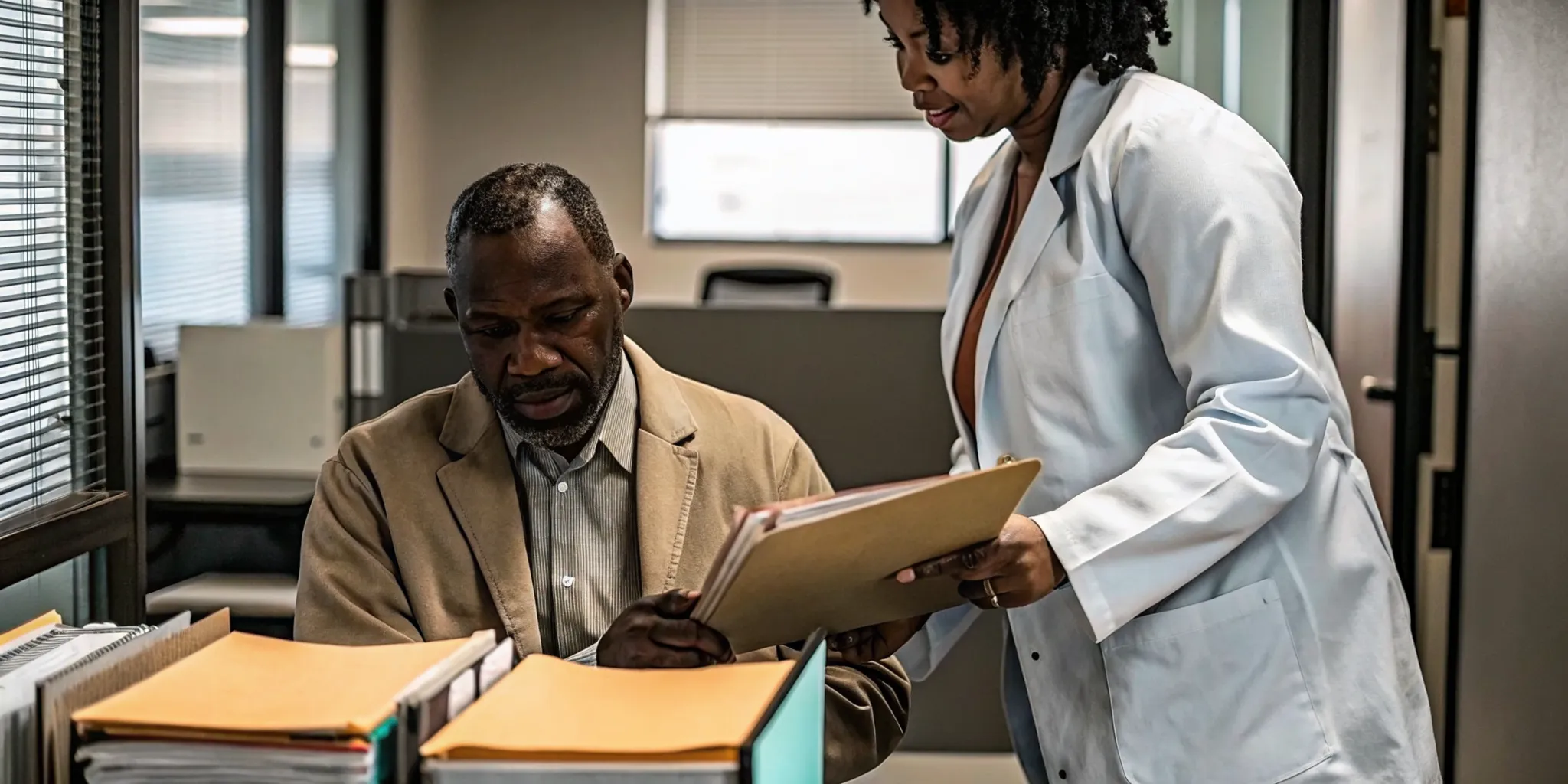 Physician and HR manager discussing employer-specific physical exam protocols at a Tampa occupational medicine clinic