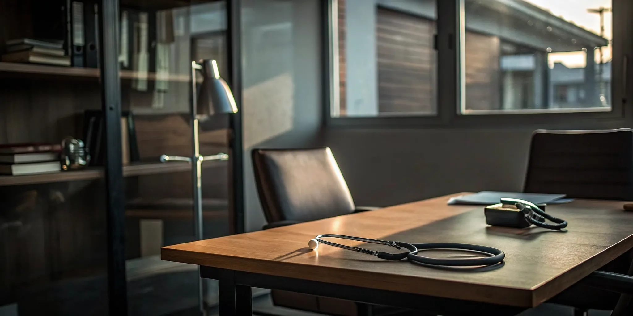 A modern consultation room at MEDAPHYSICAL in Tampa with a stethoscope and blood pressure monitor, reflecting professional DOT physical standards.