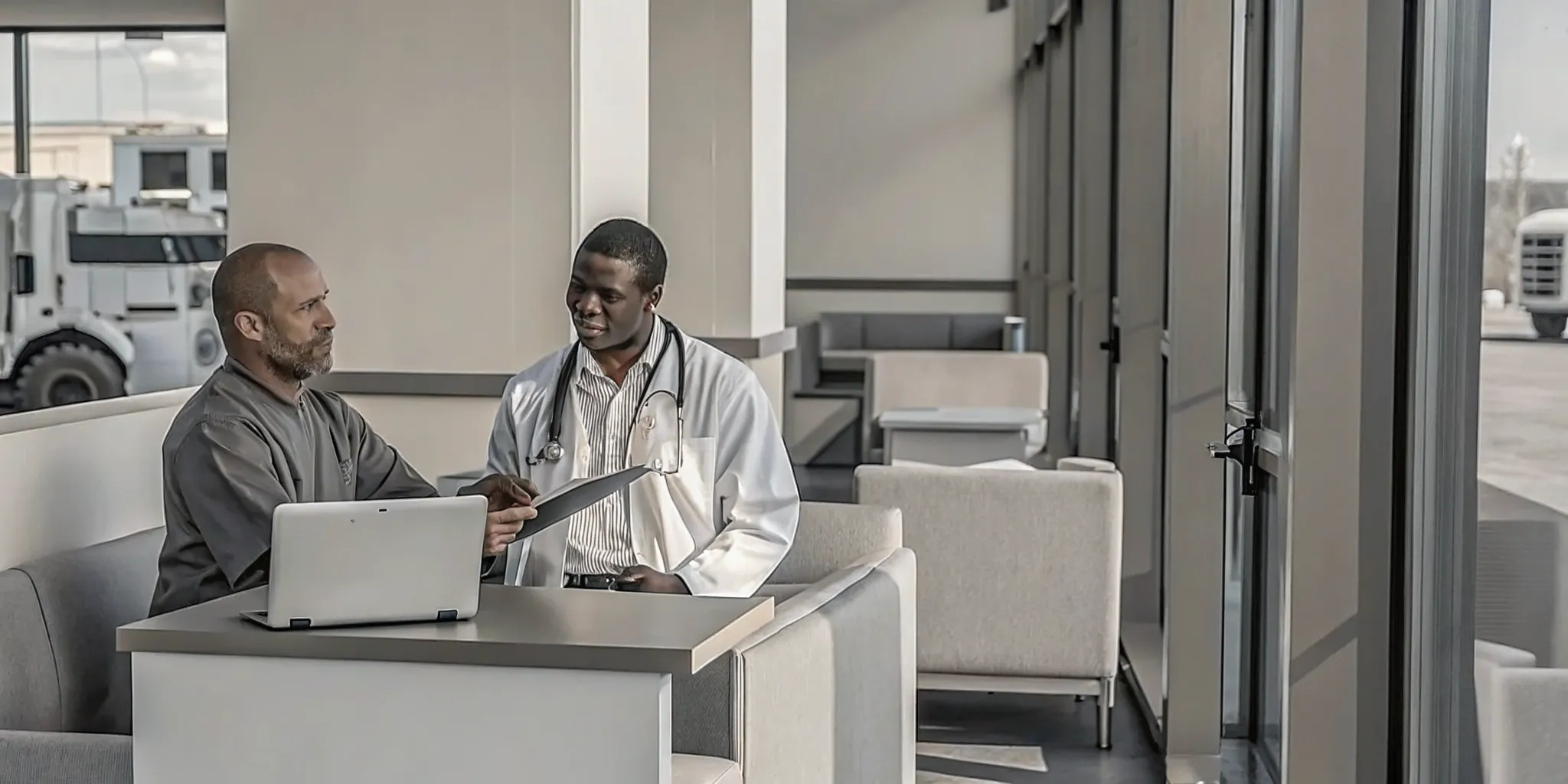 A MEDAPHYSICAL medical examiner consulting with a commercial truck driver about their DOT physical requirements in Tampa, Florida.