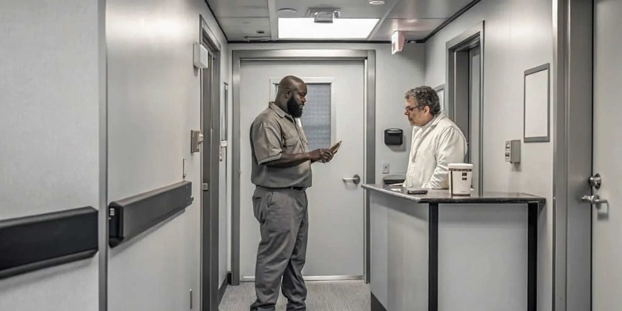 Tampa commercial driver discussing DOT physical urinalysis with a medical examiner