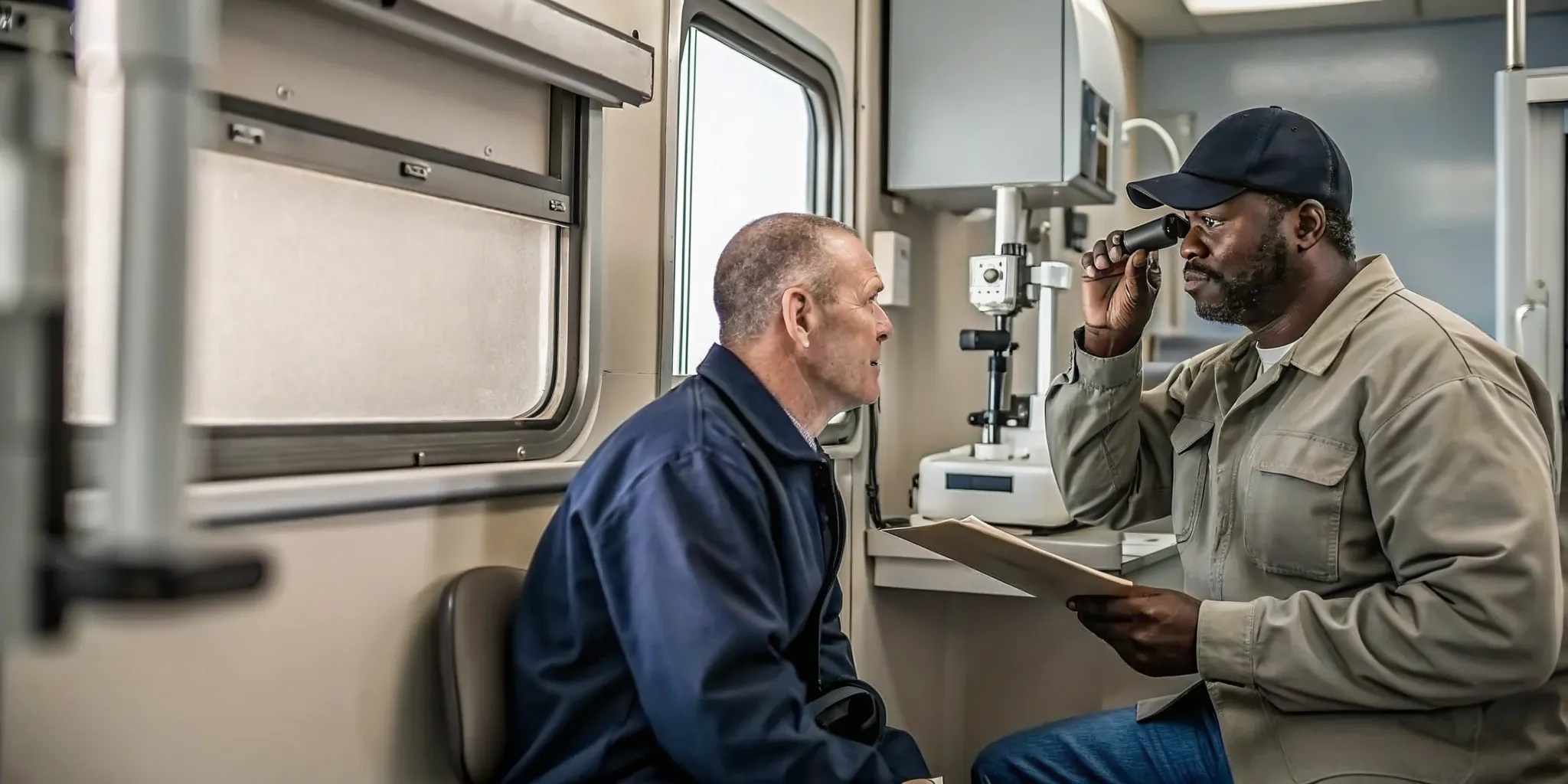 Medical examiner reviewing vision test results with a truck driver during a DOT physical exam