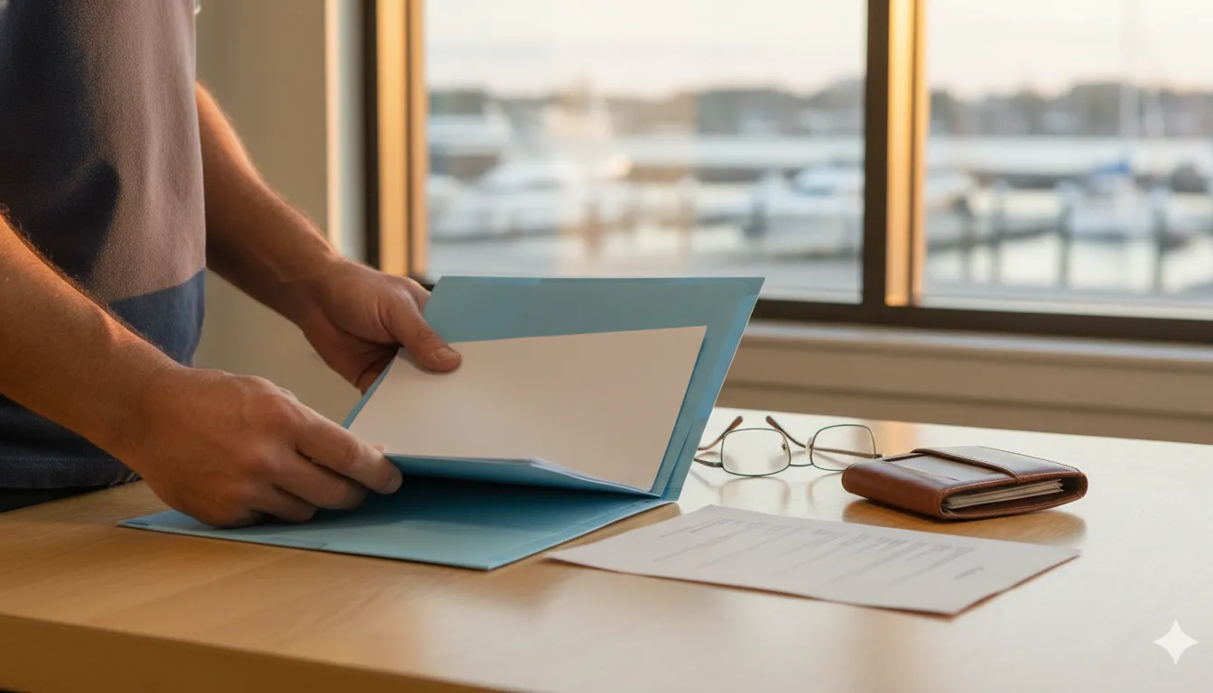 Merchant mariner organizing blank appointment paperwork and eyeglasses near Tampa Bay