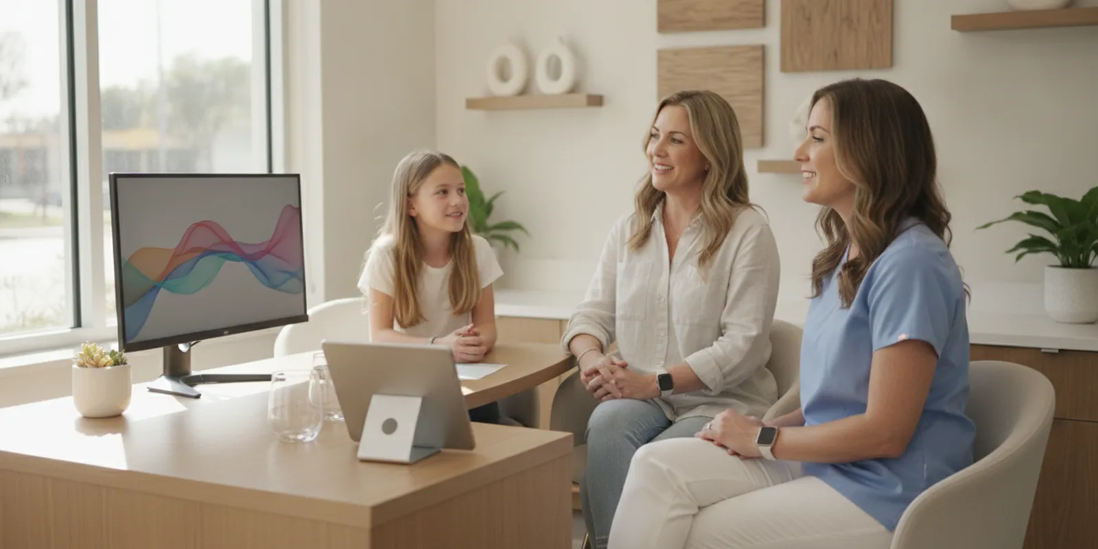 Family speaking with an orthodontic team during an affordable orthodontic consultation in a bright modern office