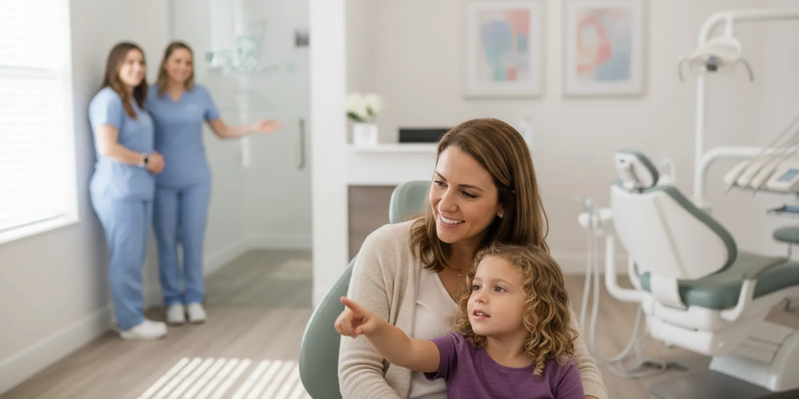 A parent and child speaking with an orthodontic team in a bright, welcoming office