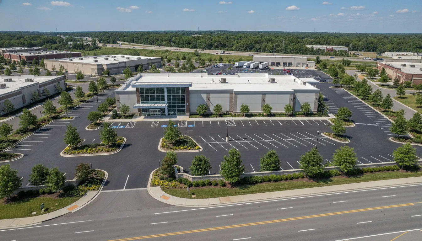 Aerial view of a commercial property showing building, parking, and access layout