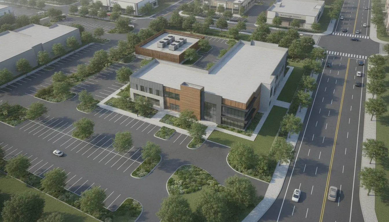 Commercial site plan view of a business property with parking and access routes