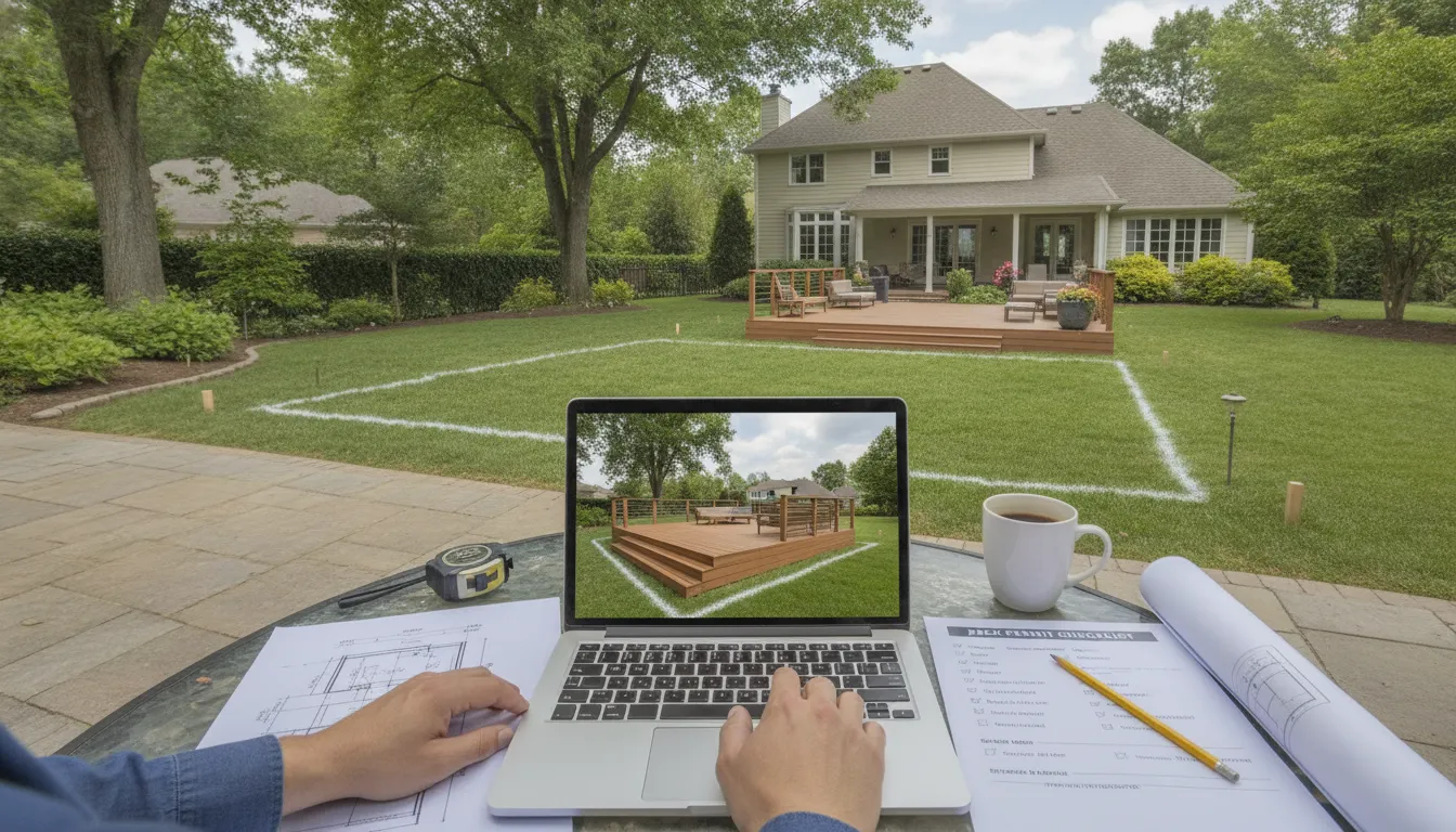 Homeowner organizing deck permit checklist documents before submitting a site plan