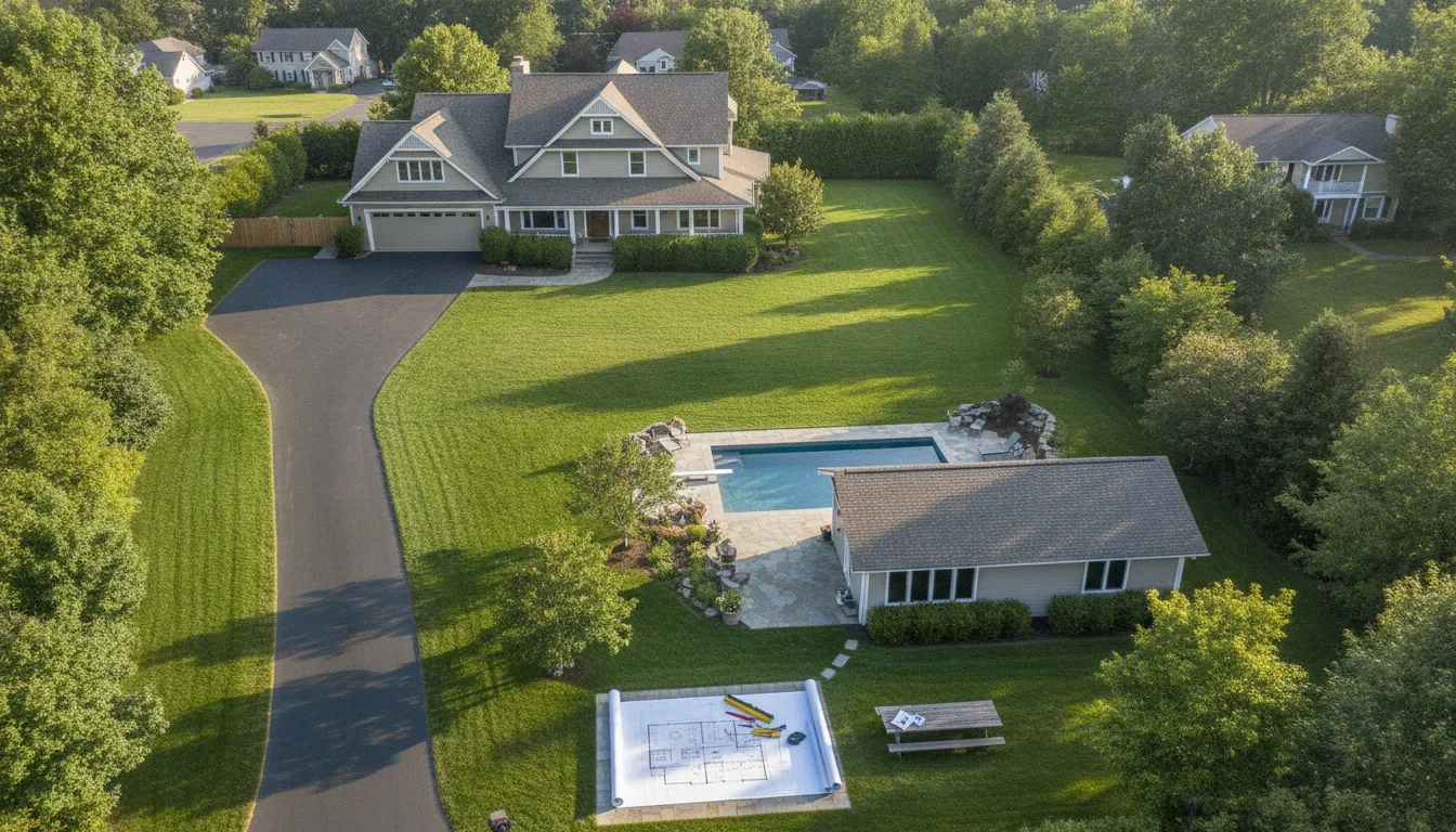 Aerial view showing a detached backyard unit for ADU permit planning