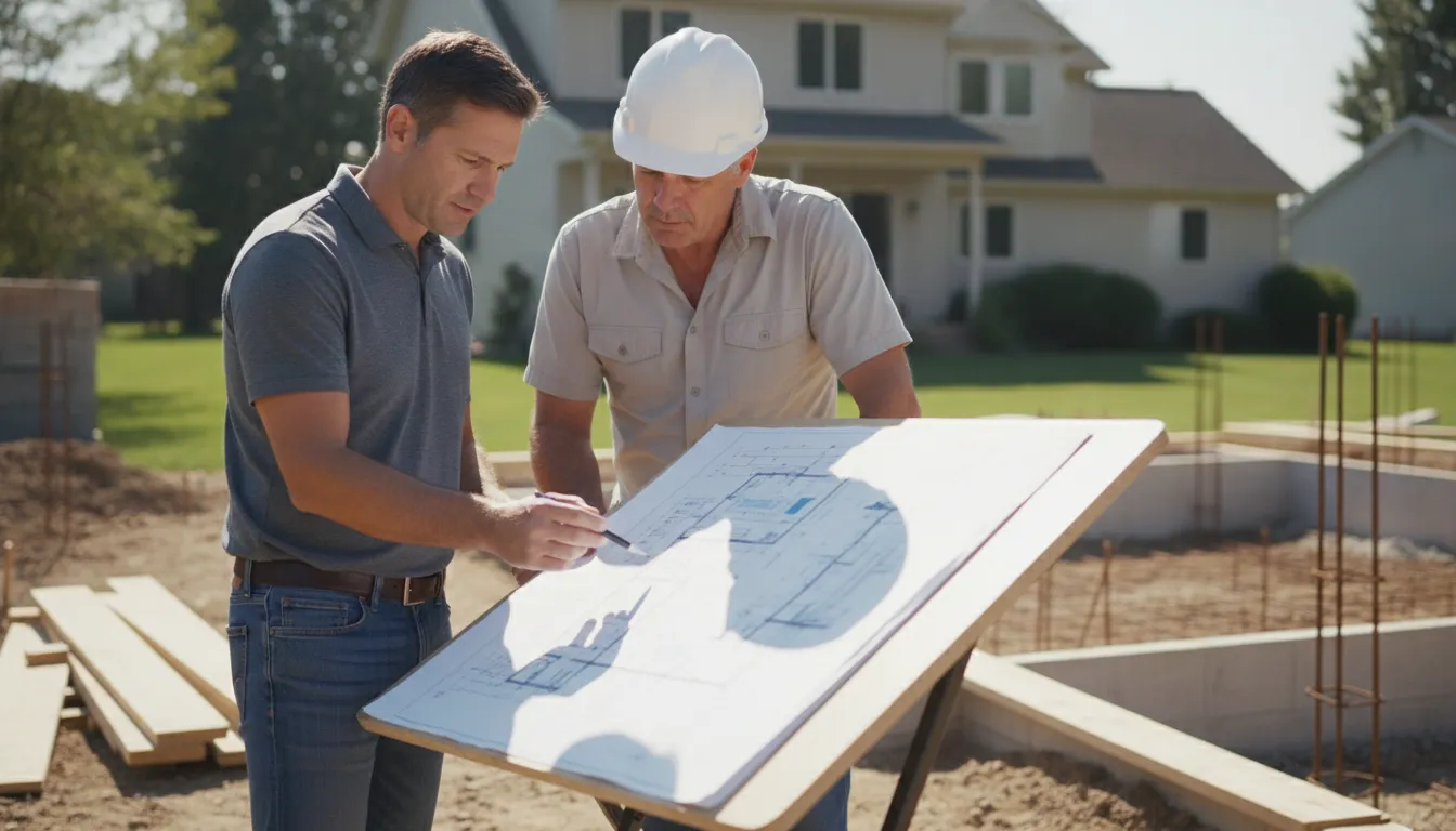 Homeowner and contractor reviewing a building permit site plan